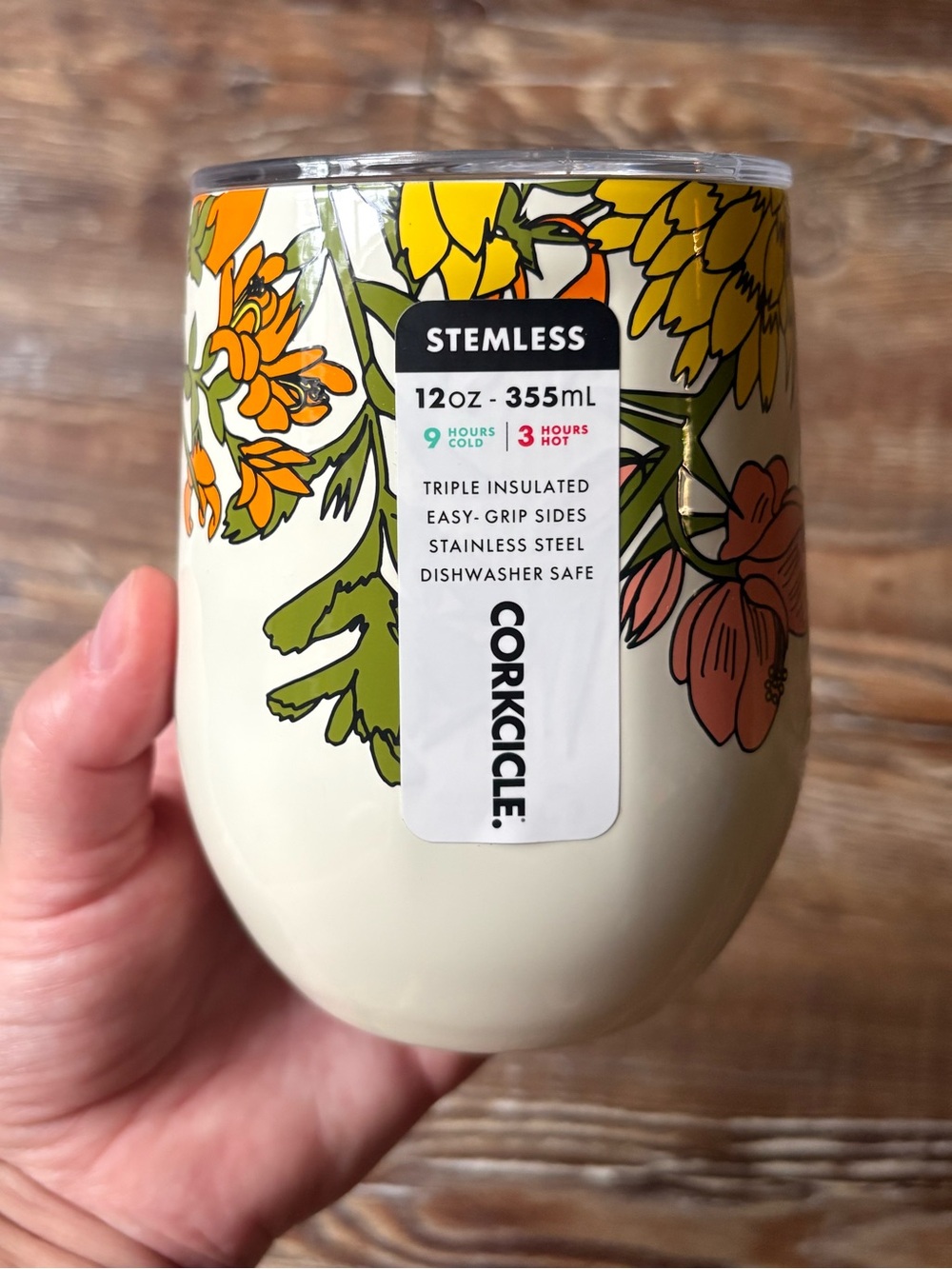 Corkcicle Orange and Yellow Wildflower Cream Stemless 12oz Tumbler Cup